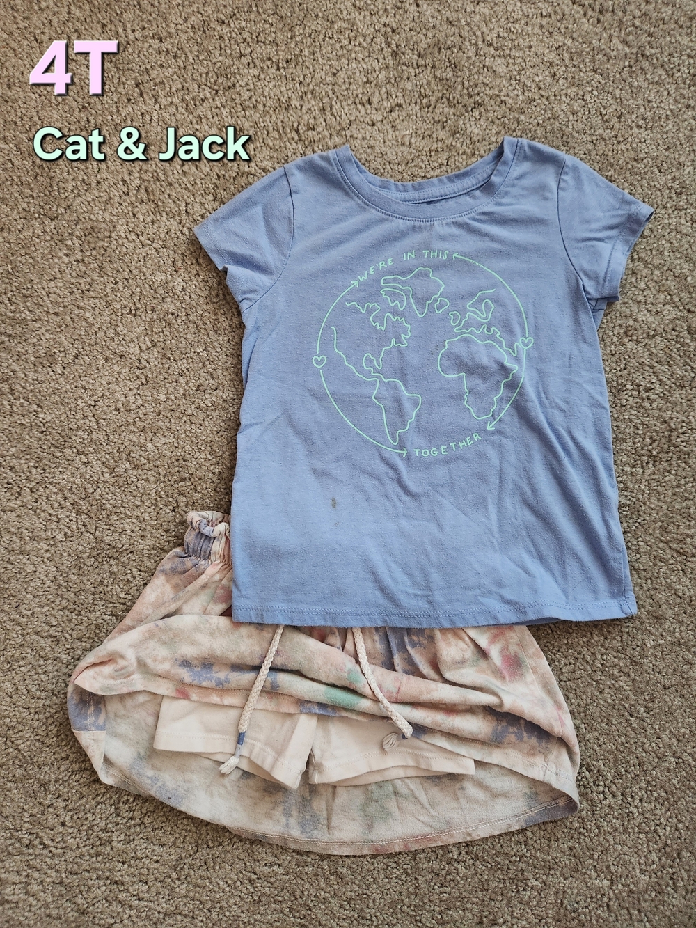 Cat & Jack Girls Blue Short Sleeve Tee with Tie Dye Skirt Outfit - 4T